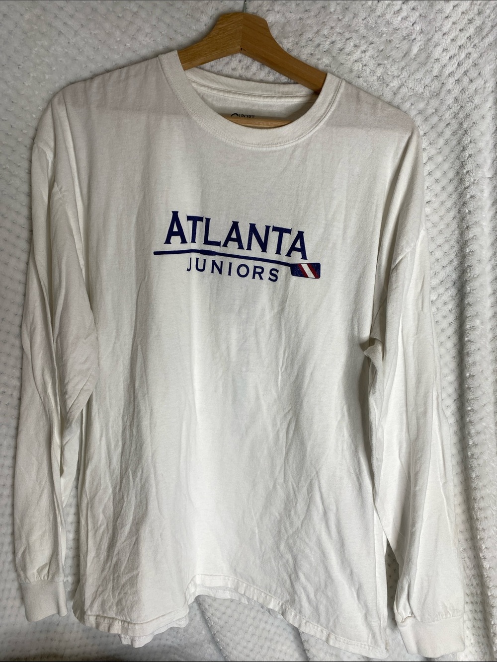 Port and Company White Long Sleeve Tee with Navy Atlanta Juniors Rowing Crew
